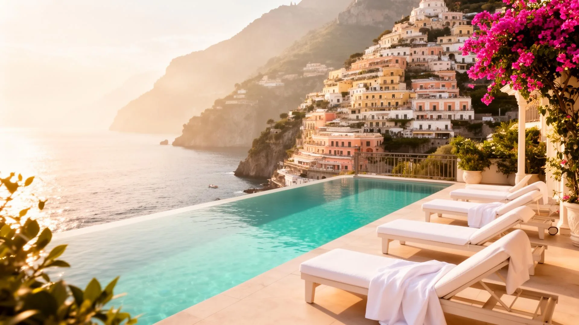 Sunlit Amalfi Coast infinity pool overlooking the Mediterranean — bespoke luxury travel by Travel Squad Vacations, Tampa