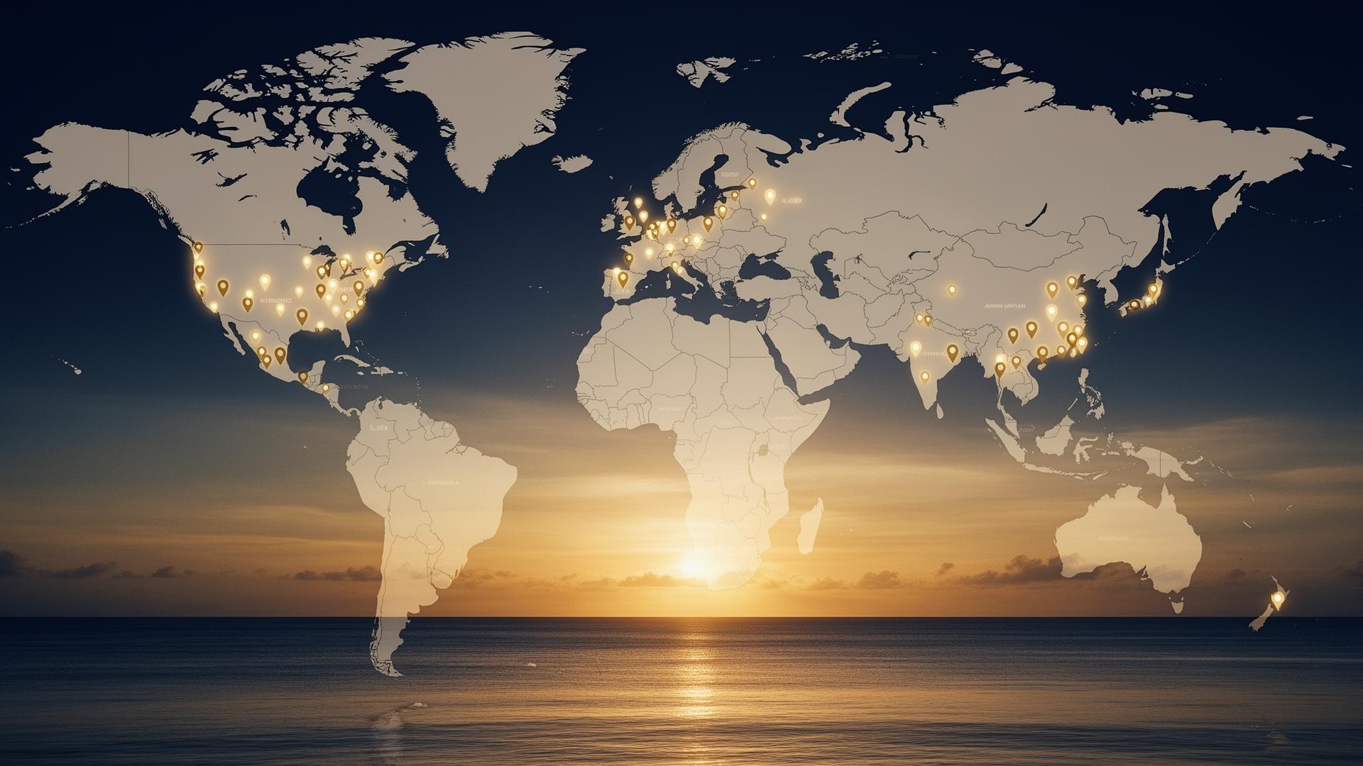 Illuminated world map at sunset representing global trip planning