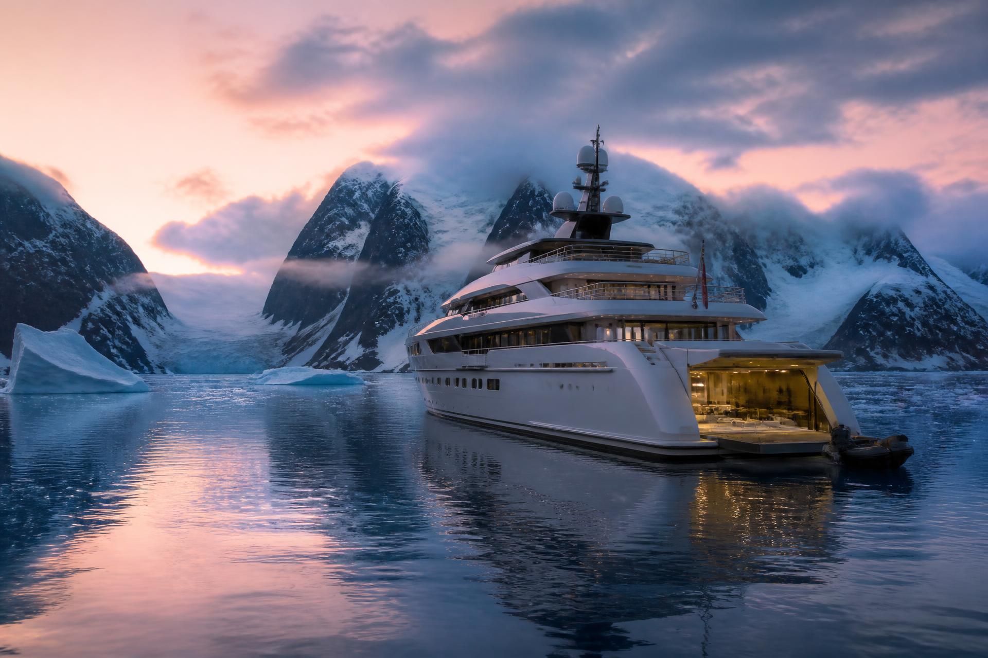 A Seabourn expedition yacht at anchor in a snow-rimmed fjord at dusk with its lit marina platform open at the waterline