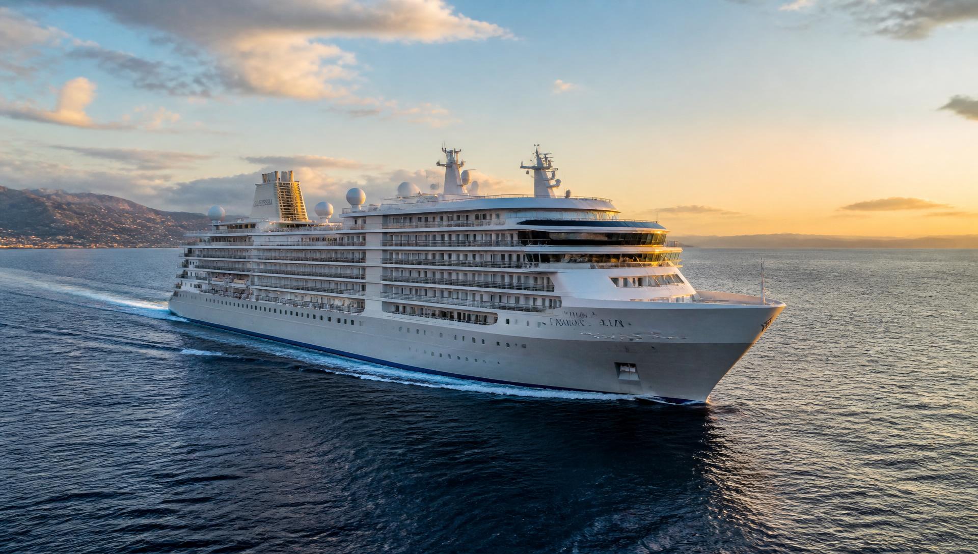 Silversea ultra-luxury cruise ship sailing at golden hour, Silversea Classic ocean fleet
